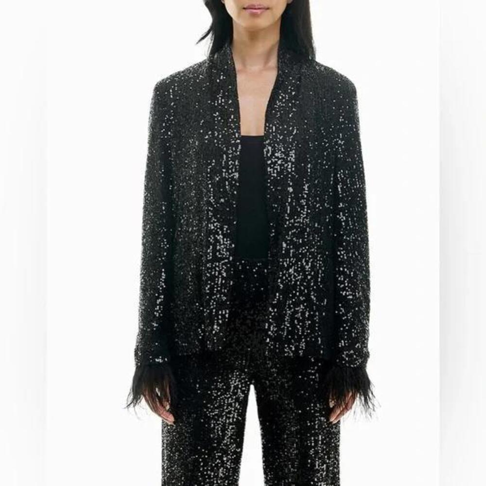 Nicole Miller Black Sequins Jacket Blazer with feather fringe New size Medium